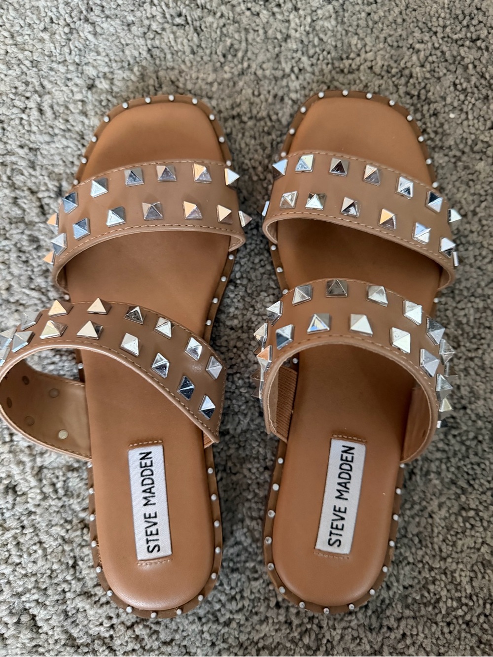 Steve Madden Tan Studded Double-Strap Slide Sandals